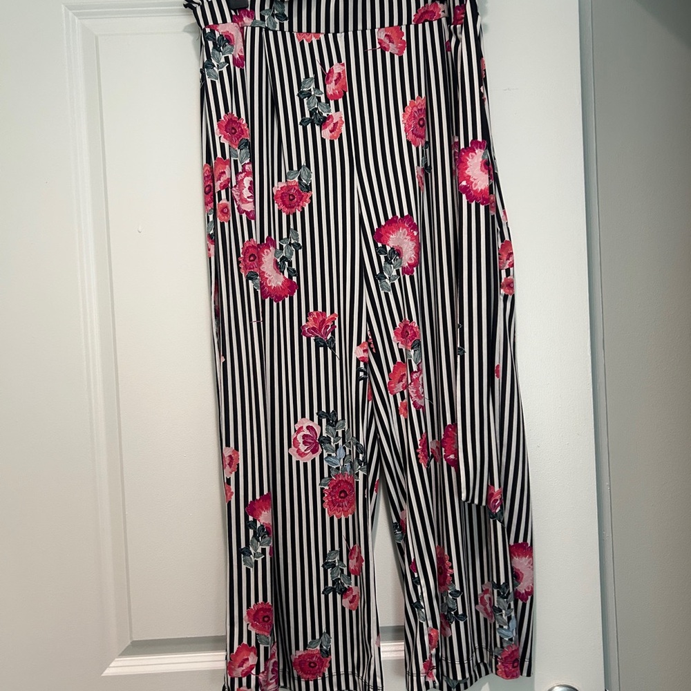 Robert Louis Black and White Striped Wide Leg Pants with Pink Floral